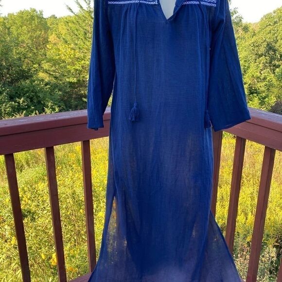 Land’s End Swim Coverup long sleeve sheer tassels embroidered modest Navy Small - Picture 5 of 16
